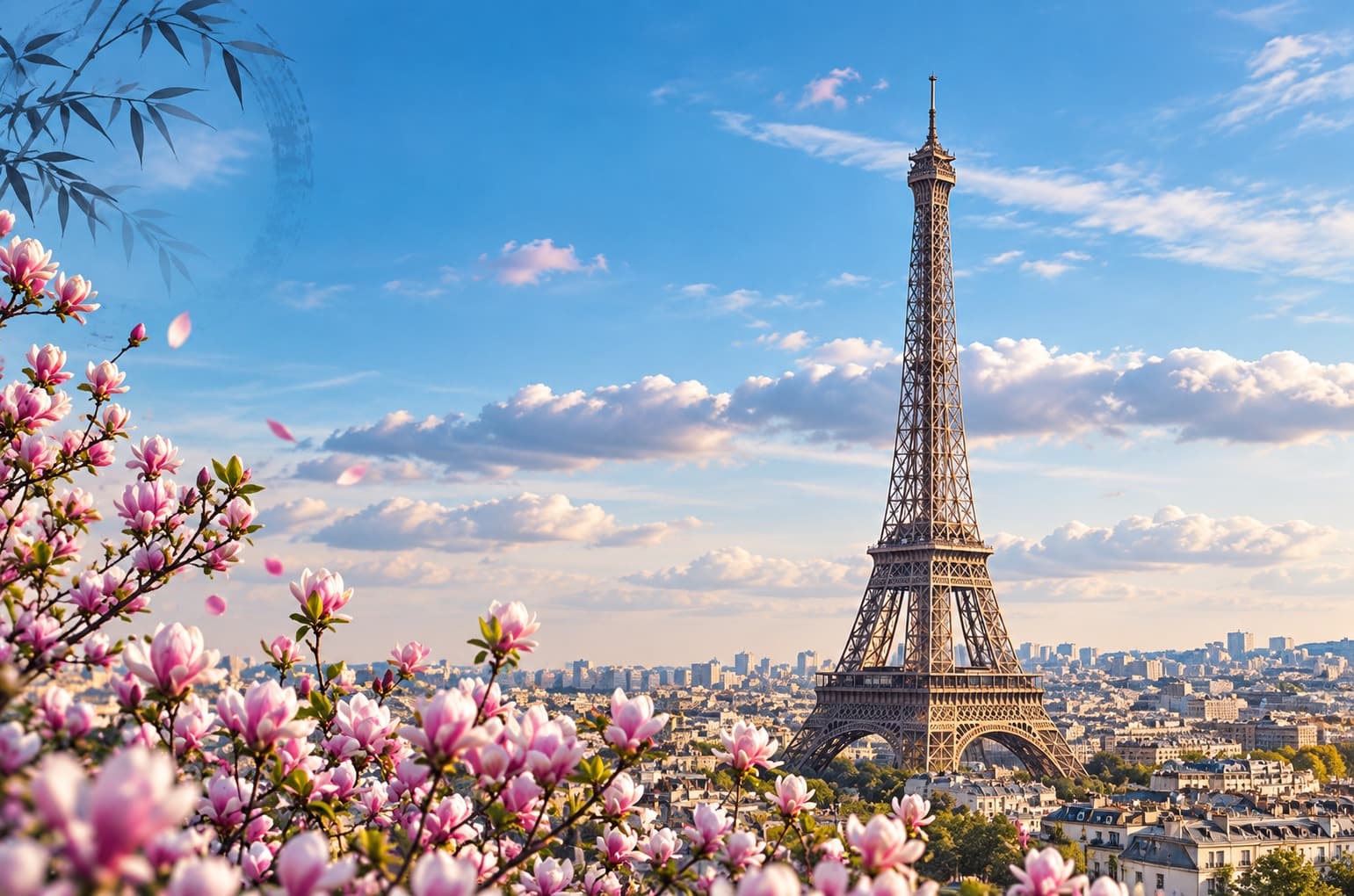La tour Eiffel au-dessus des magnolias en fleurs, un matin de printemps