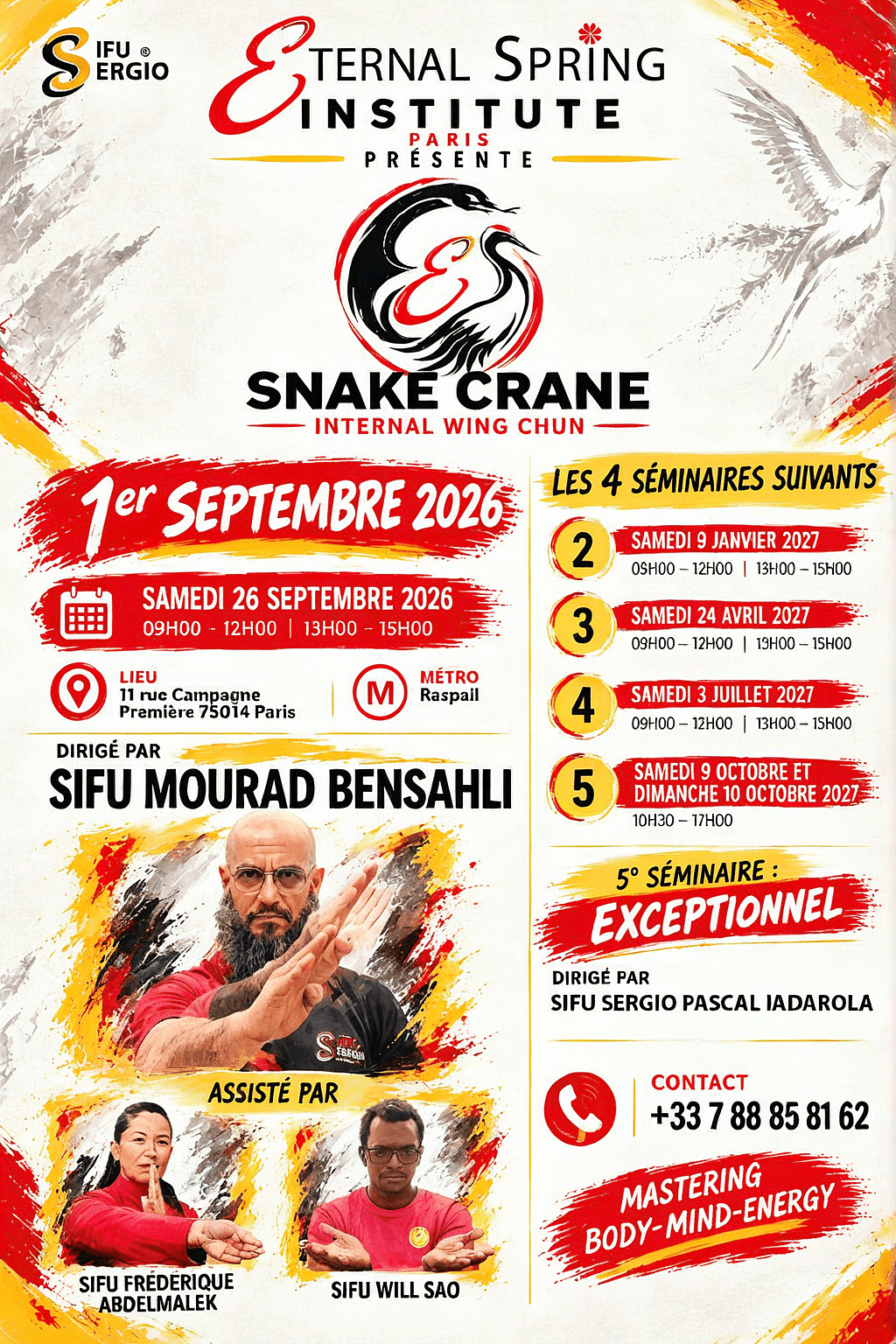 Affiche des séminaires Snake Crane Internal Wing Chun 2026–2027